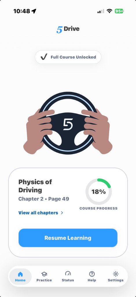 5Drive home screen showing course progress and the next lesson